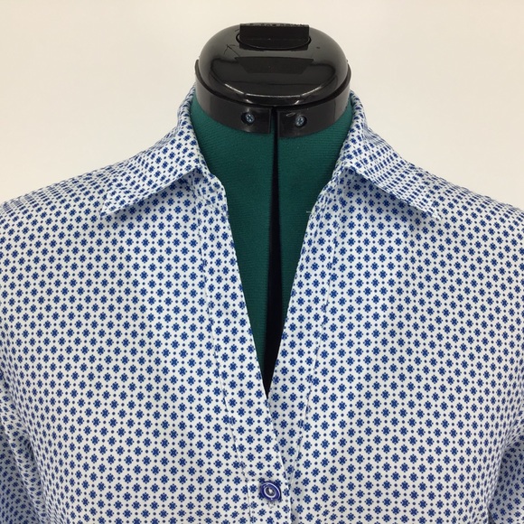 Haggar V-Neck Blue & White Button-Up Blouse, Small - Picture 2 of 14